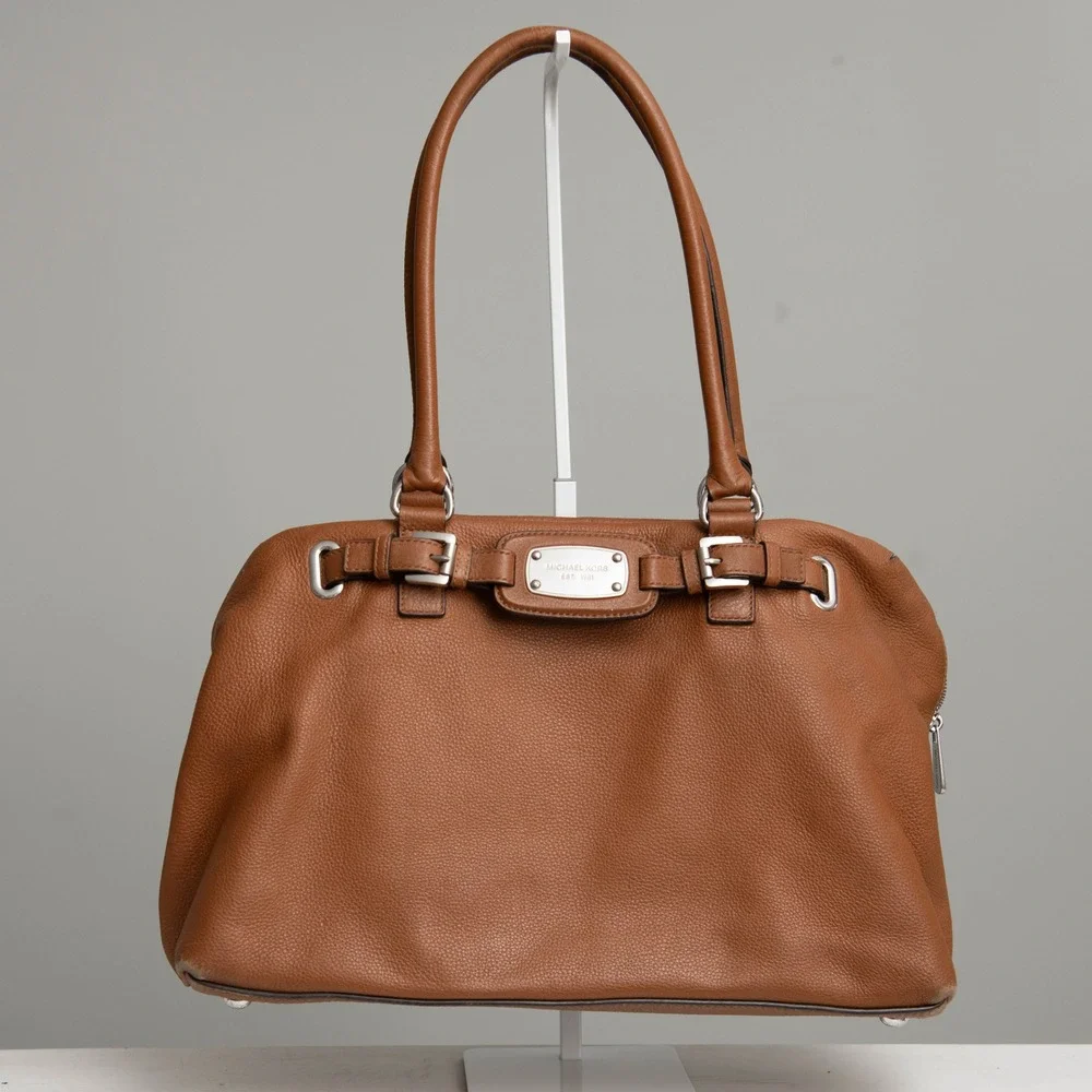 MICHAEL KORS Hamilton Satchel Shoulder Bag Pebbled Leather Brown Earthy‎ Neutral